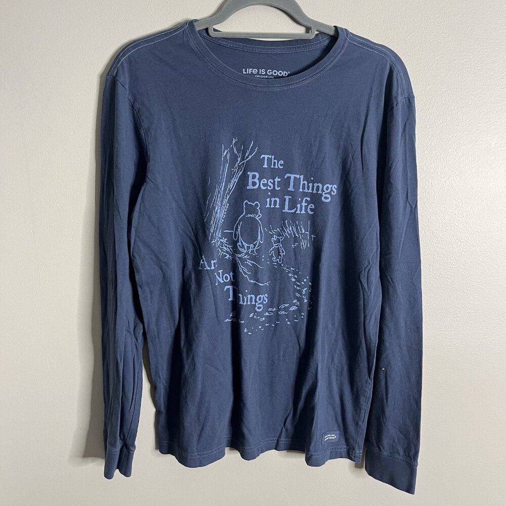 Life Is Good Men’s Size Small Blue Long Sleeve Winnie the Pooh Tee Shirt